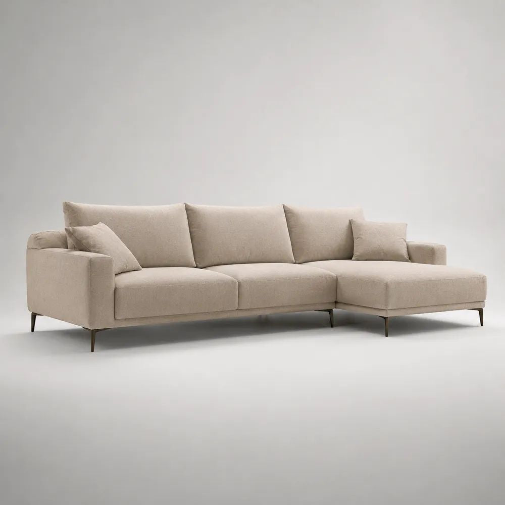 Divano angolare 3 posti beige con chaise longue destra, 280 x 160 x 88 cm, rivestimento in tessuto e gambe in acciaio