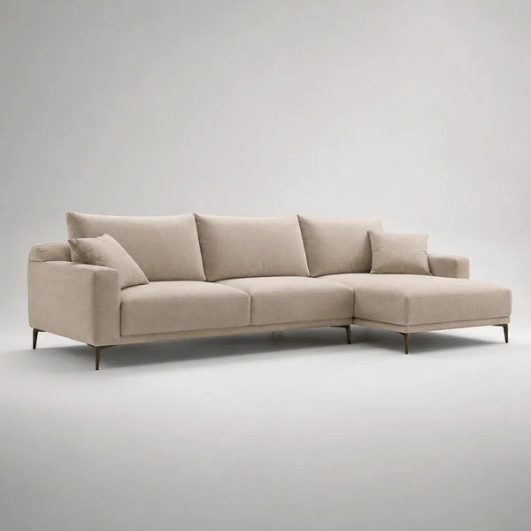Divano angolare 3 posti beige con chaise longue destra, 280 x 160 x 88 cm, rivestimento in tessuto e gambe in acciaio