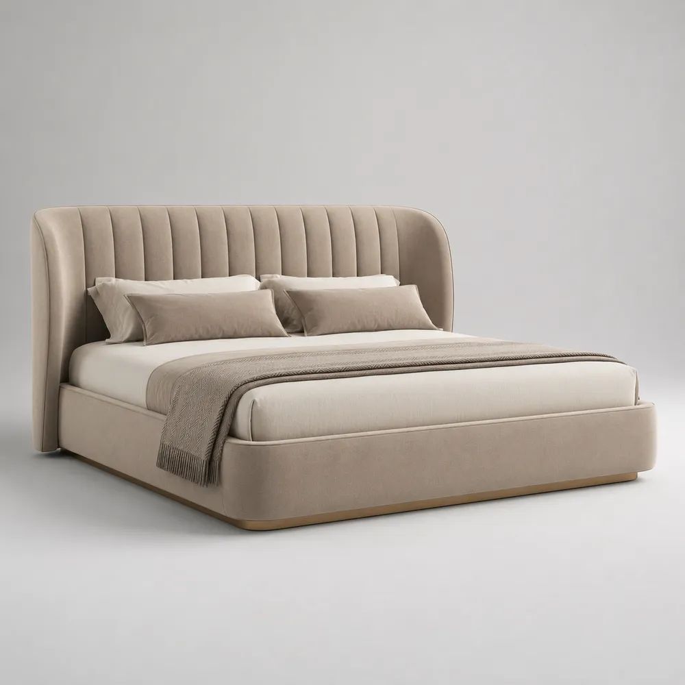 Letto matrimoniale imbottito in velluto beige con rete a doghe e testiera scanalata, per materasso 160 x 200 cm, dimensioni 220 x 185 x 120 cm