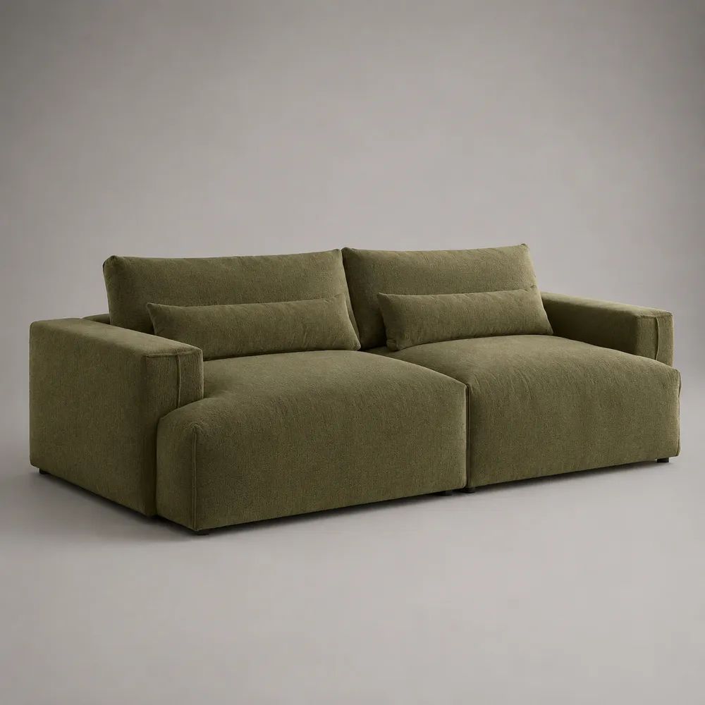 Divano 2 posti verde oliva con seduta profonda, 220 x 110 x 85 cm, rivestimento in tessuto