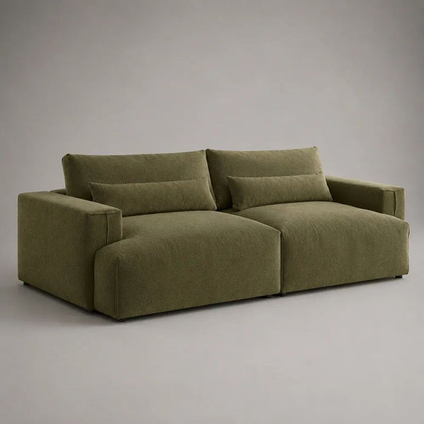 Divano 2 posti verde oliva con seduta profonda, 220 x 110 x 85 cm, rivestimento in tessuto