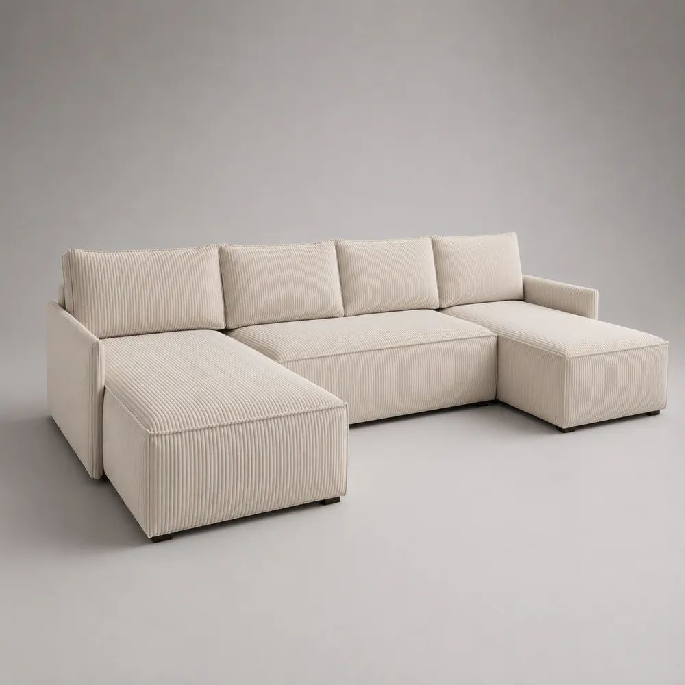 Divano angolare a U 4 posti beige crema con doppia penisola, 3 moduli in velluto a coste, 290 × 160 × 85 cm