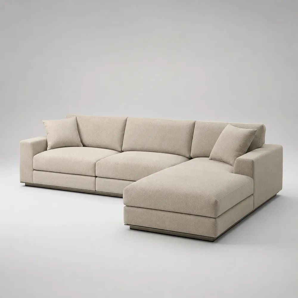 Divano angolare 3 posti in tessuto beige con penisola destra, 285 x 170 x 82 cm