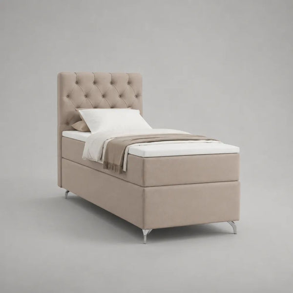 Letto boxspring singolo beige in tessuto con materasso, coprimaterasso e testiera capitonné, superficie di riposo 90 x 200 cm, dimensioni 100 x 215 x 120 cm
