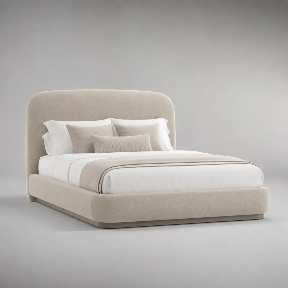 Letto matrimoniale imbottito beige in tessuto bouclé, 185 x 225 x 115 cm, per materasso 160 x 200 cm