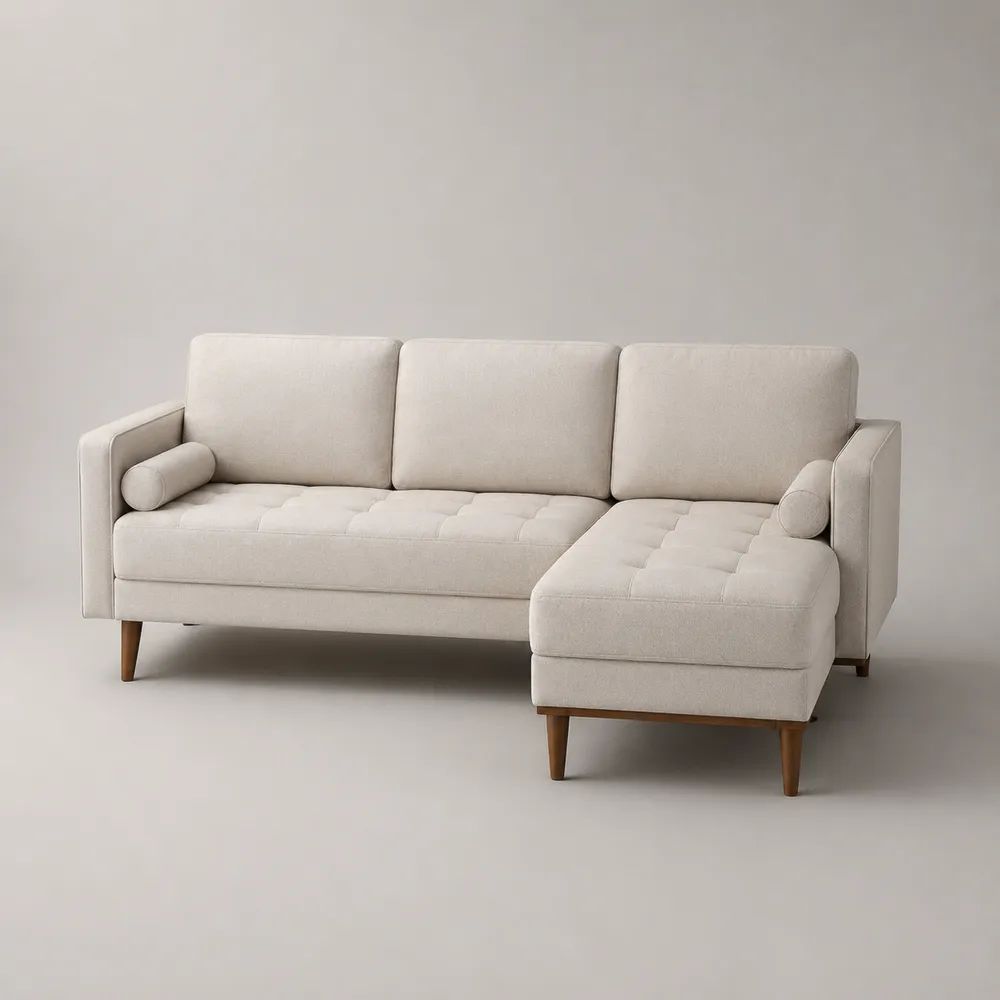 Divano 3 posti con penisola destra in tessuto crema, 220 x 145 x 85 cm