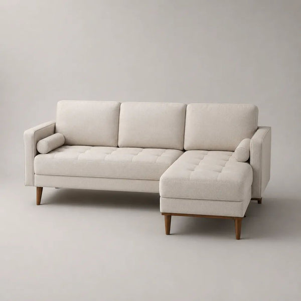 Divano 3 posti con penisola destra in tessuto crema, 220 x 145 x 85 cm