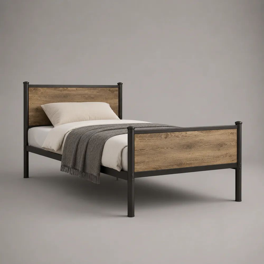 Letto singolo rettangolare 90 x 190 cm nero e rovere naturale in acciaio e MDF