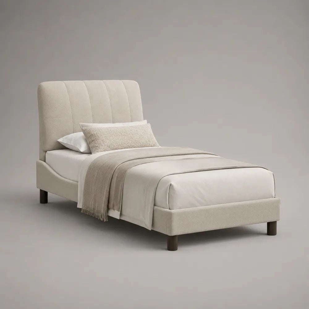 Letto singolo imbottito beige 90 x 200 cm in tessuto con testiera a pannelli verticali