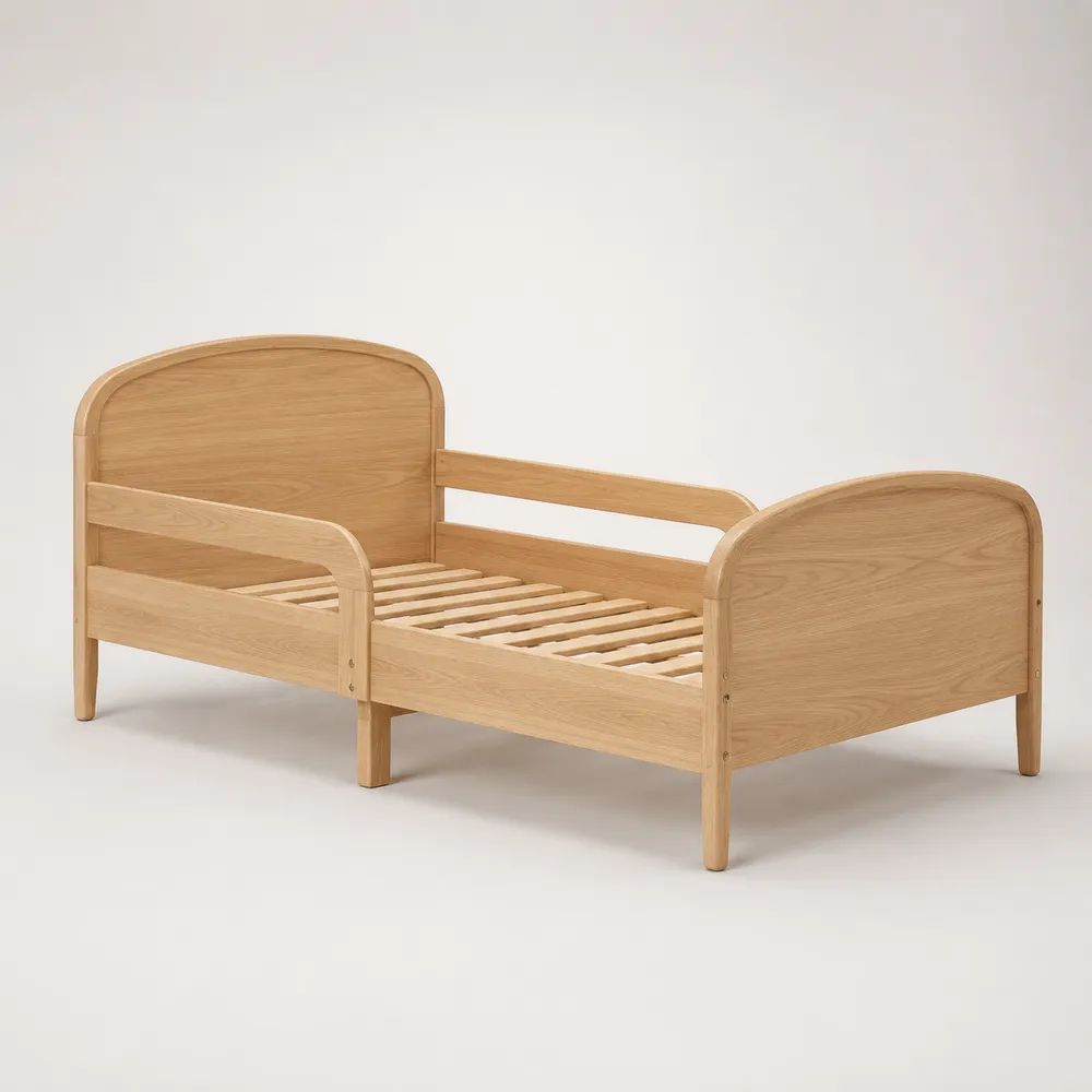 Letto singolo per bambini in legno 70 x 140 cm, rovere naturale, con sponde laterali e rete a doghe