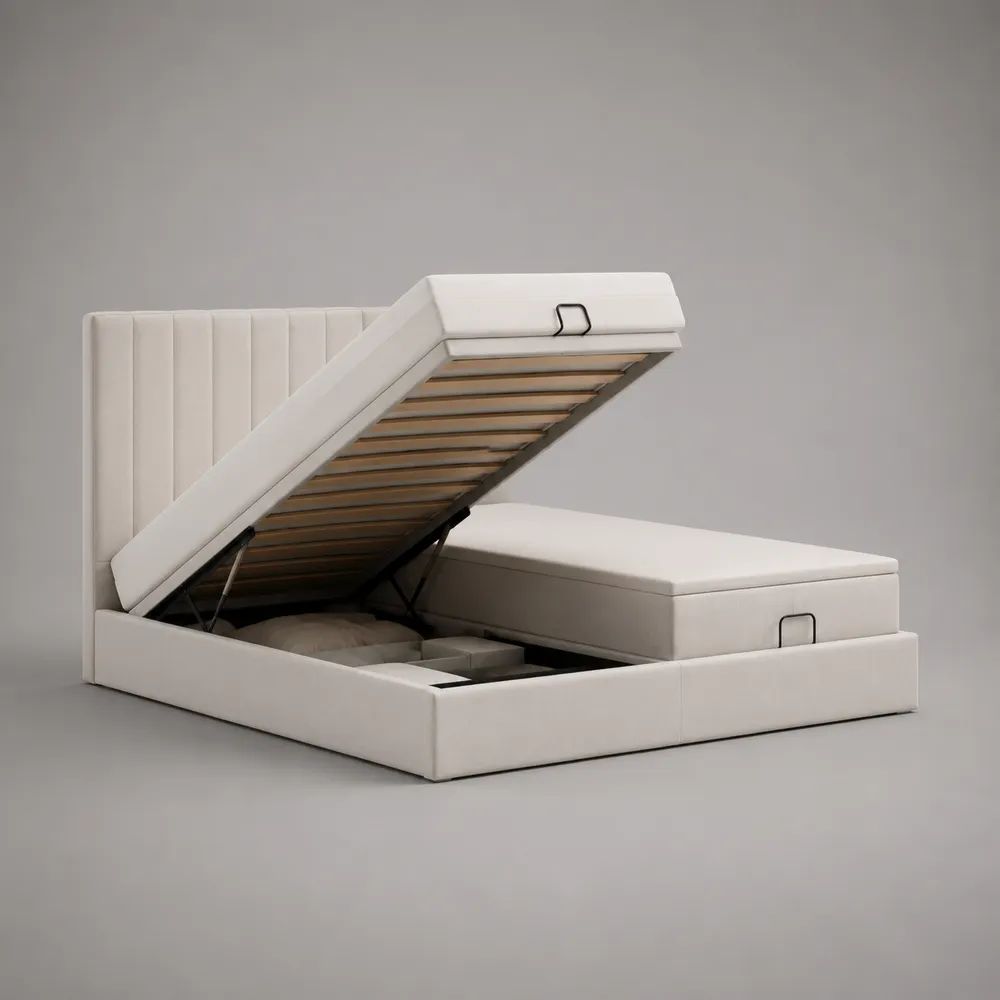 Letto matrimoniale contenitore bianco 160 x 200 cm, imbottito in poliestere, con doppia rete sollevabile e 2 materassi