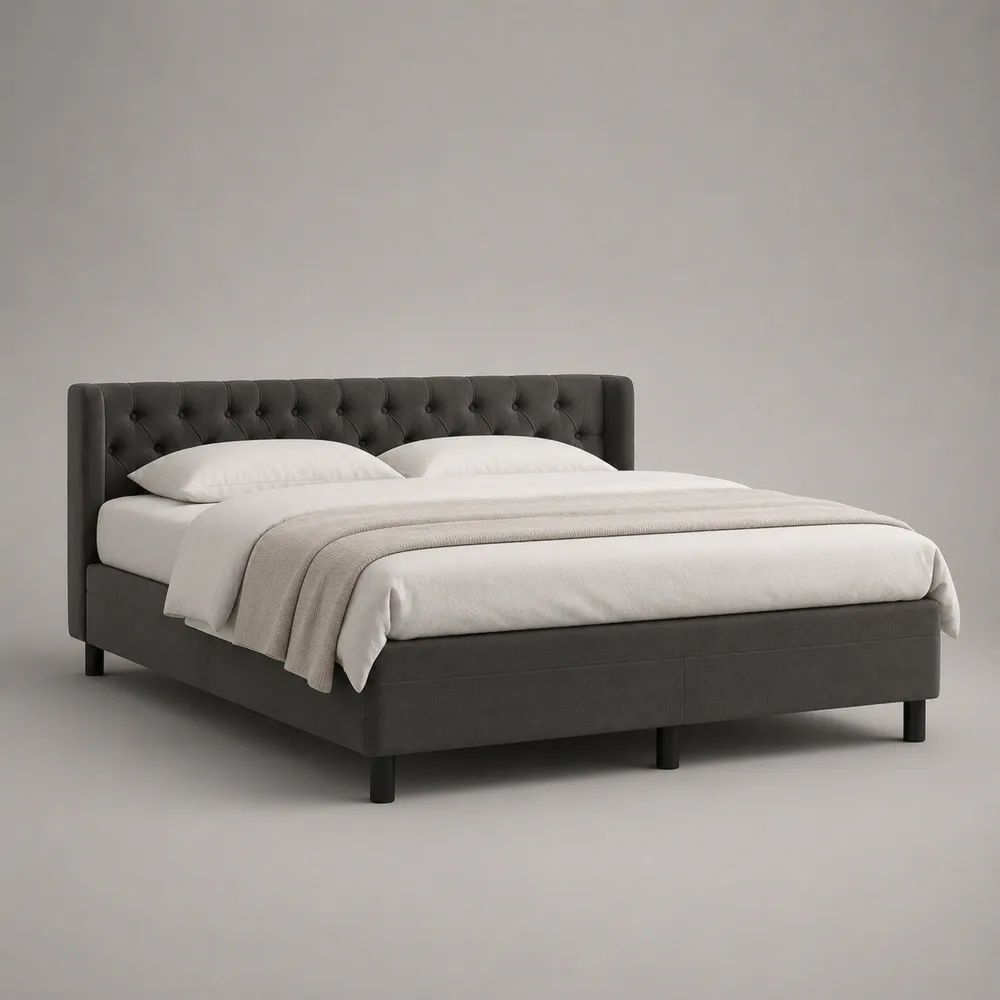 Letto matrimoniale imbottito in velluto grigio antracite con testiera capitonné, rete a doghe, 160 x 200 cm