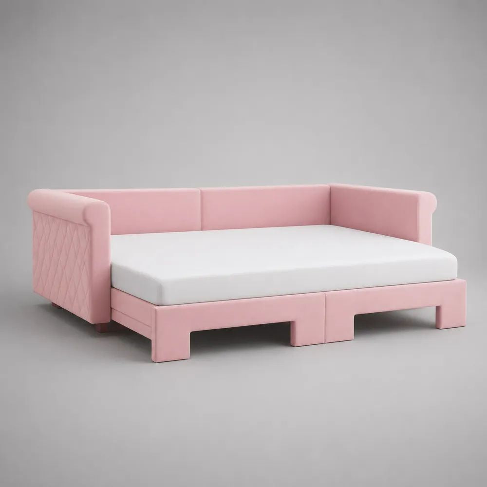 Divano letto a una piazza e mezza rosa in velluto con materasso bianco, 215 x 155 x 82 cm, superficie 140 x 200 cm