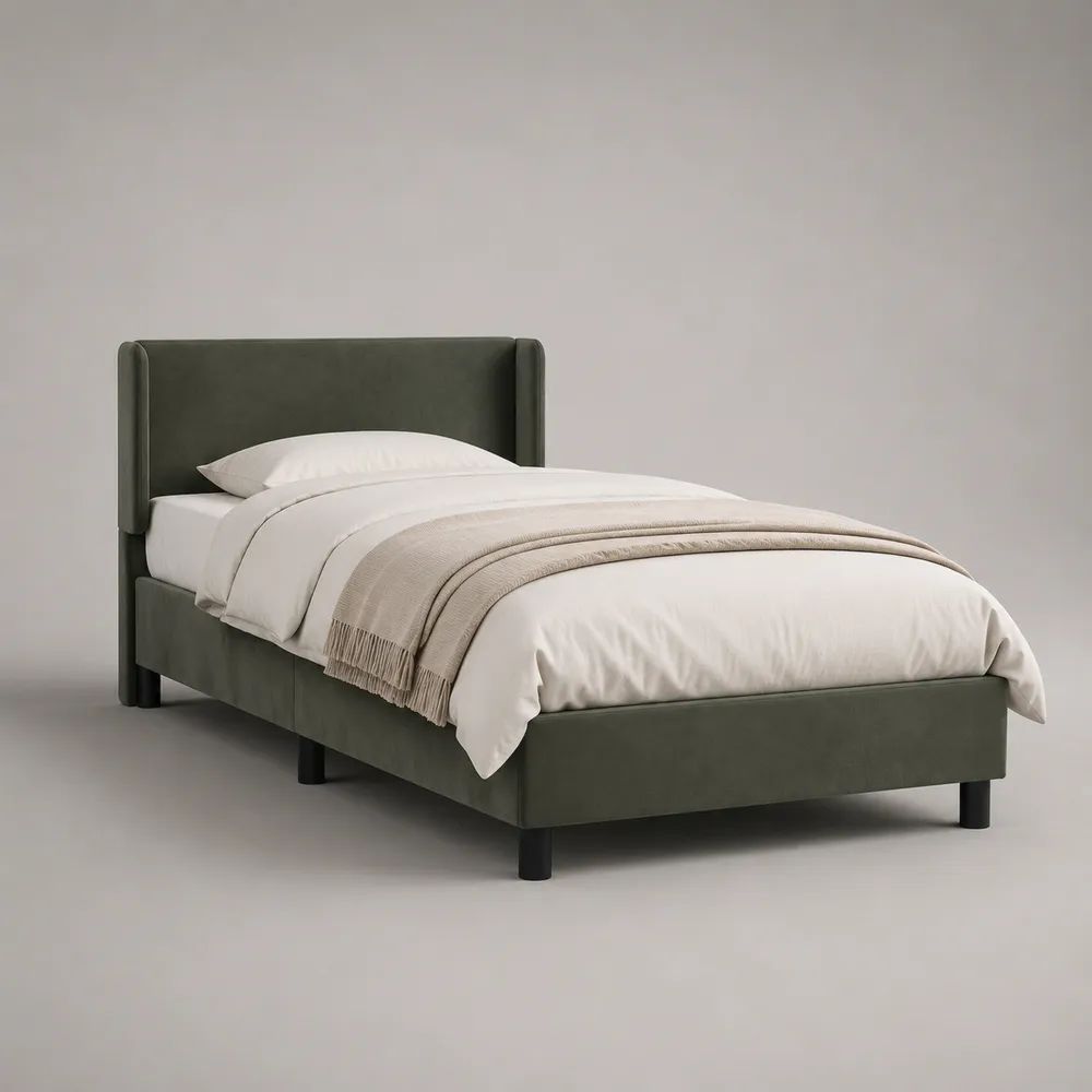 Letto singolo rettangolare in legno rivestito in velluto verde oliva con rete 90 x 200 cm, dimensioni 105 x 214 x 110 cm