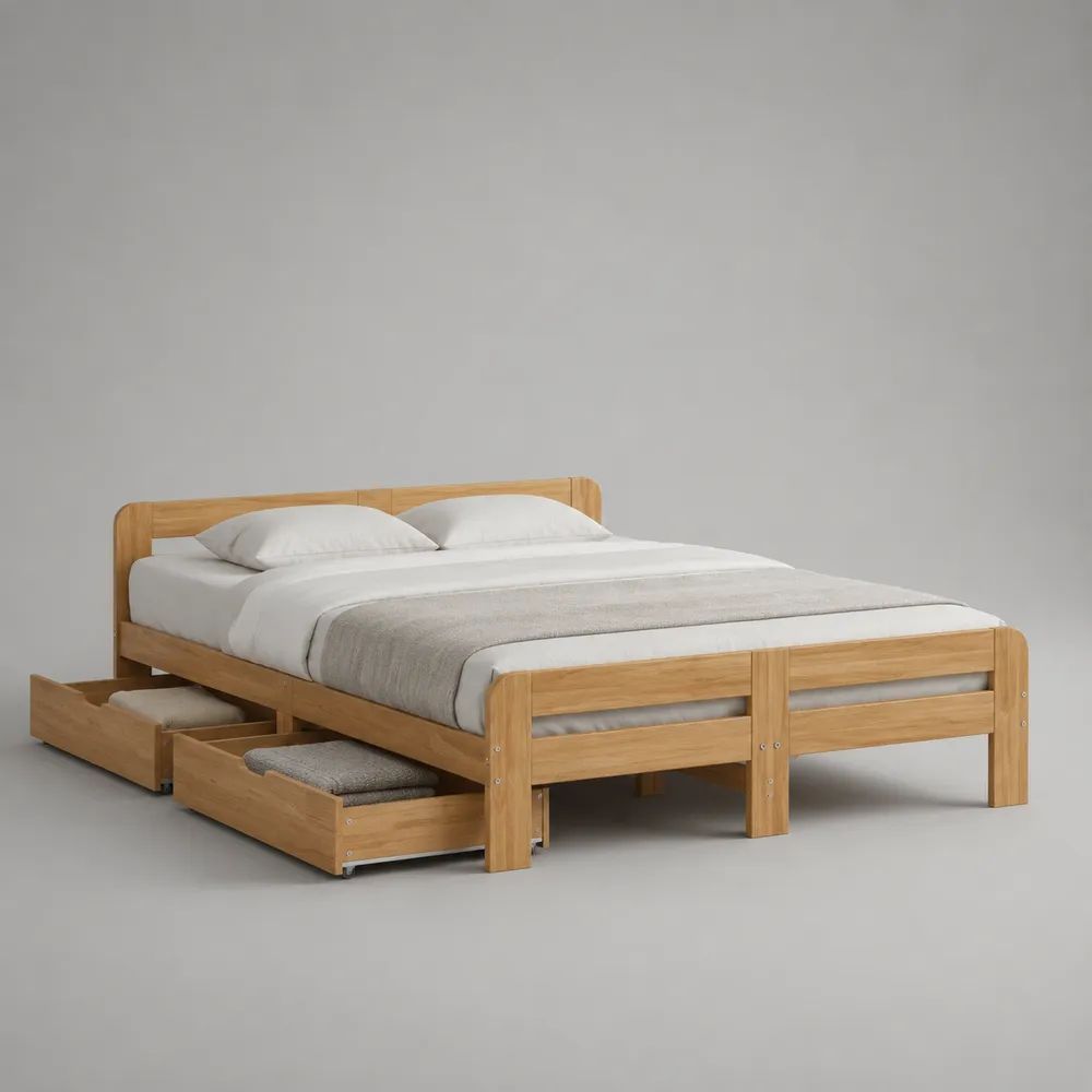 Letto matrimoniale in legno massello di pino naturale con rete a doghe e 2 cassetti, per materasso 160 x 200 cm, dimensioni 168 x 208 x 82 cm