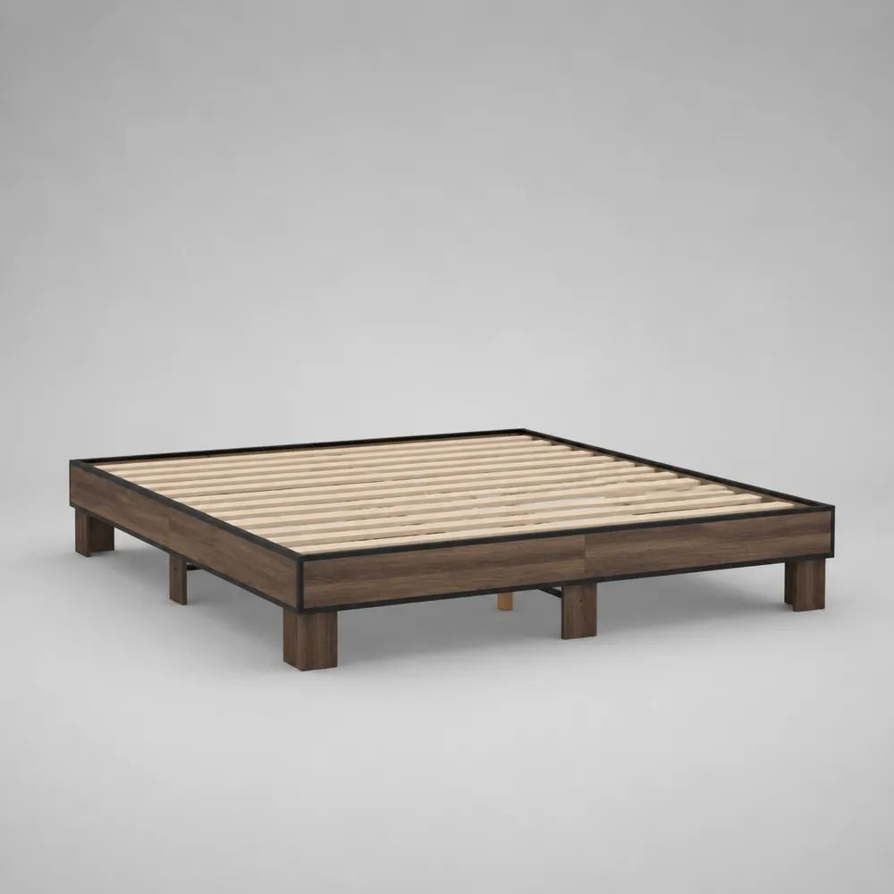 Struttura letto matrimoniale 160 x 200 cm in legno e acciaio, marrone noce e nera, dimensioni 204 x 164 x 30 cm, con rete a doghe