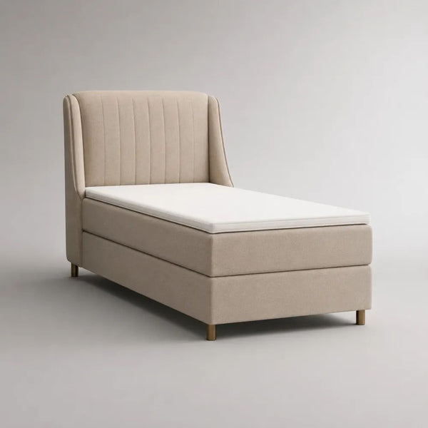 Letto singolo beige in tessuto 100 x 215 x 120 cm con materasso 90 x 200 cm, sovramaterasso e testiera imbottita