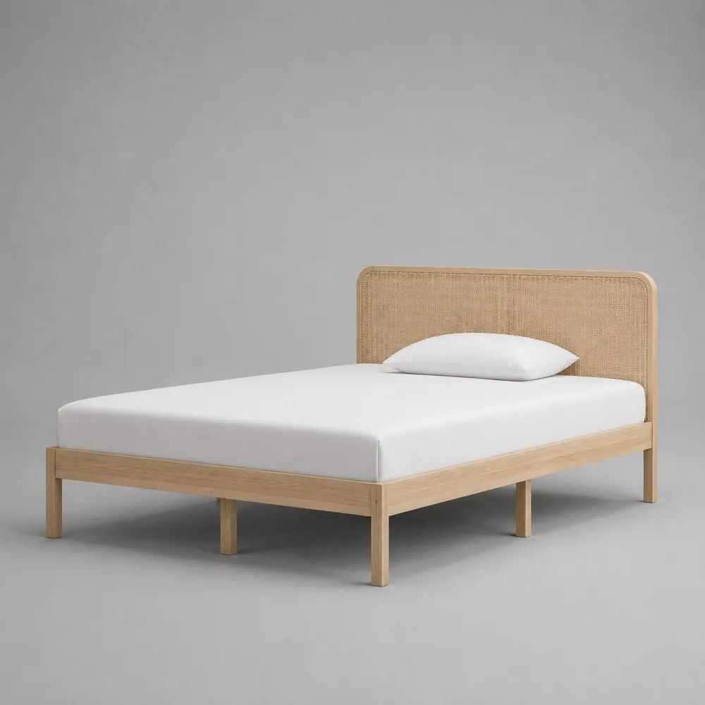 Struttura letto matrimoniale 160 x 200 cm in legno massello naturale con testiera in rattan intrecciato