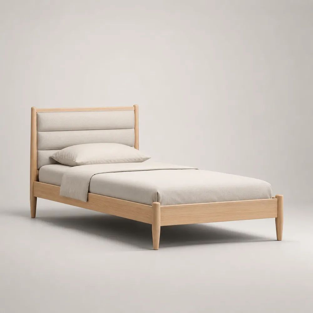 Letto singolo 90 x 200 cm in legno naturale con testiera imbottita beige