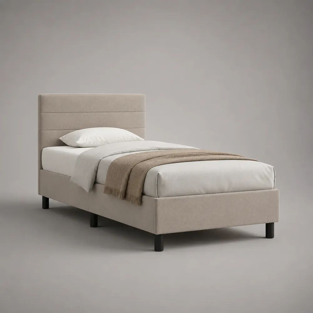 Letto singolo imbottito beige in tessuto con testiera e rete a doghe, 100 x 215 x 110 cm, per materasso 90 x 200 cm