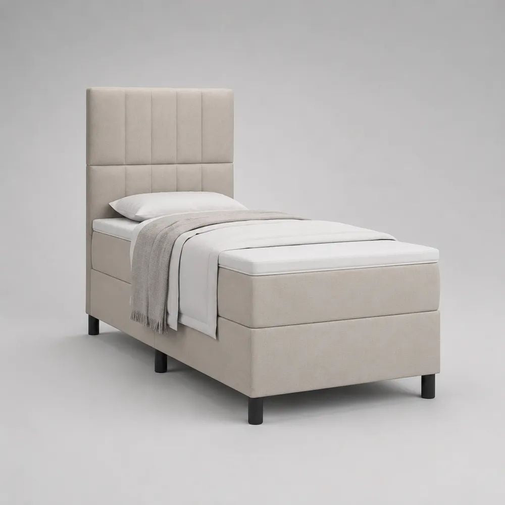 Letto singolo imbottito beige 100 x 215 x 160 cm, superficie 90 x 200 cm, testiera alta e rete a doghe