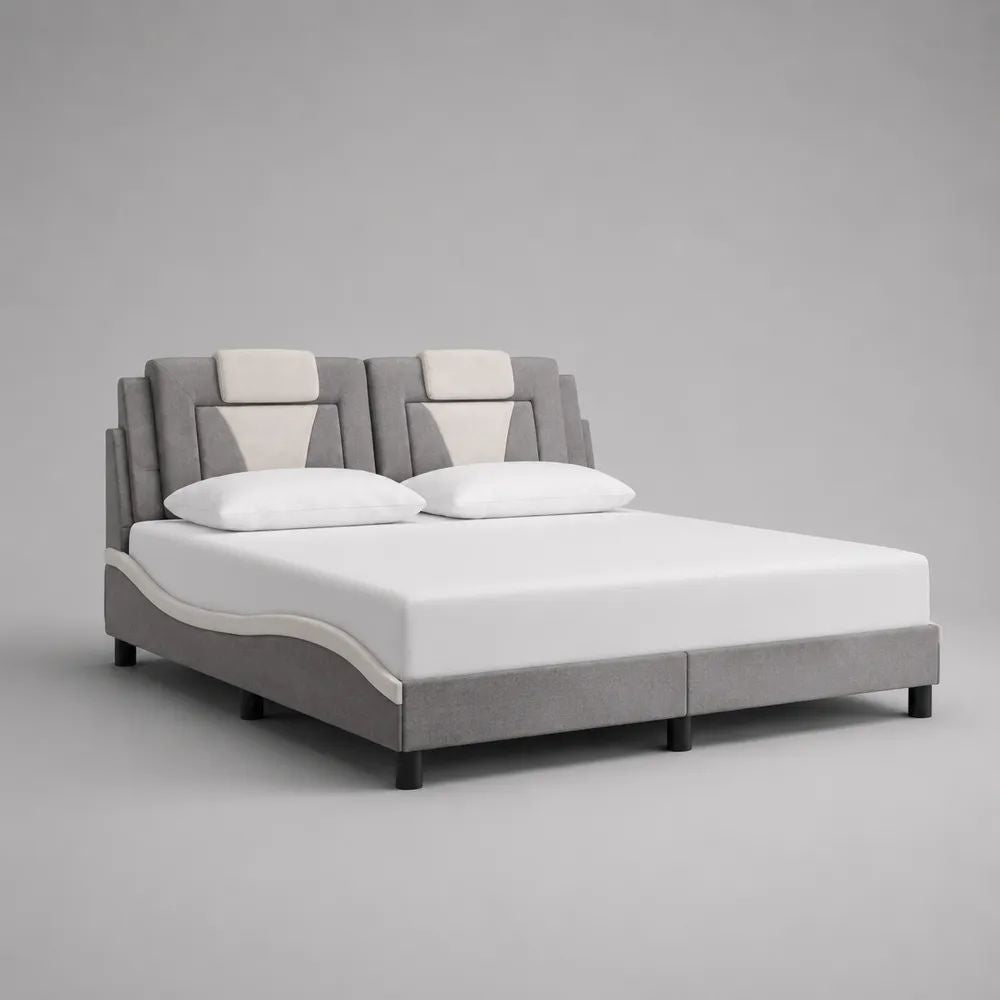 Set di 2 letti singoli affiancabili in tessuto grigio e bianco, 90 x 200 cm ciascuno, dimensioni totali 190 x 215 x 115 cm