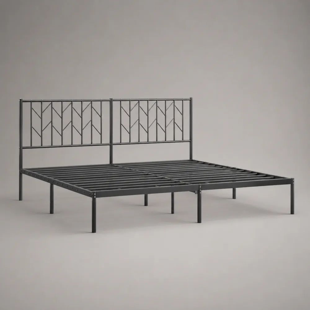 Letto matrimoniale 180 x 200 cm in acciaio nero con rete integrata e testiera geometrica
