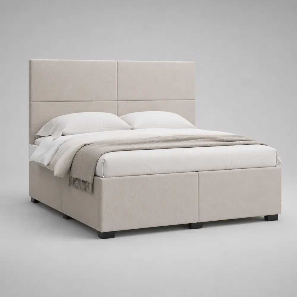 Letto matrimoniale imbottito in tessuto beige chiaro 160 × 200 cm con testiera rettangolare, dimensioni 170 × 210 × 120 cm