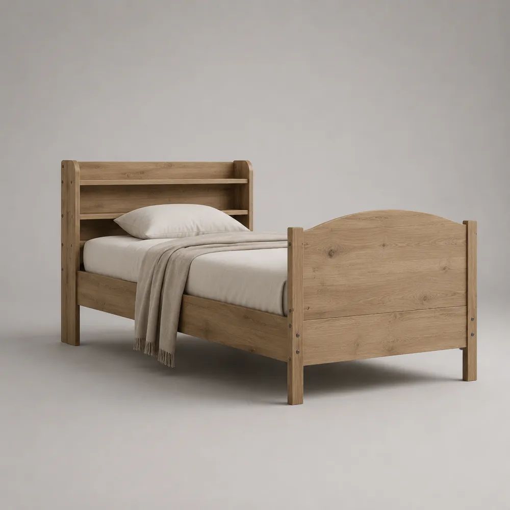 Letto singolo in legno con testiera libreria, marrone rovere naturale, per materasso 90 x 190 cm, 206 x 100 x 120 cm