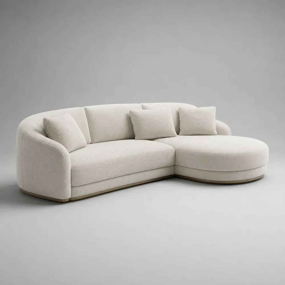 Divano angolare 3 posti avorio con penisola destra, forma curva, rivestimento bouclé in poliestere e base color noce, 290 x 170 x 78 cm