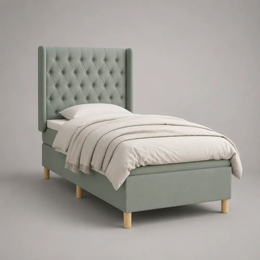 Letto singolo imbottito verde salvia 90 x 200 cm in velluto di poliestere con testiera capitonné