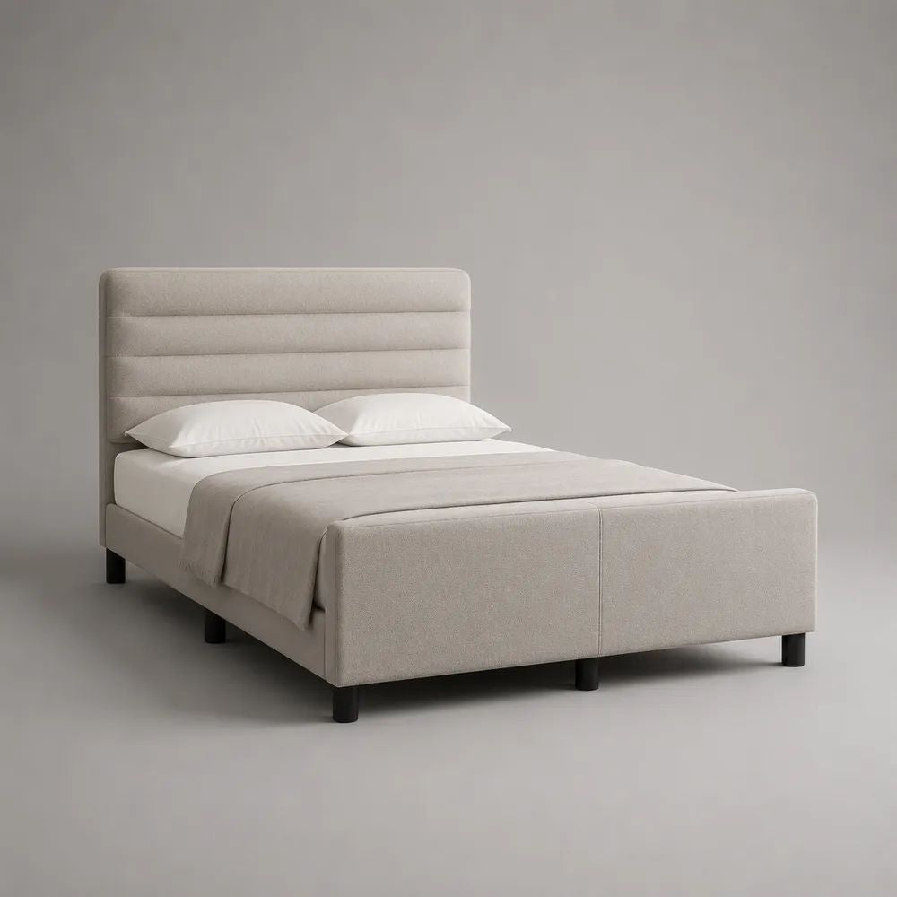 Letto matrimoniale imbottito in tessuto beige con testiera a fasce e rete a doghe, 171 x 217 x 120 cm, per materasso 160 x 200 cm