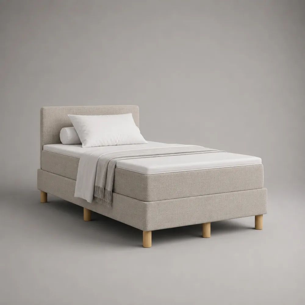 Letto singolo imbottito beige 100 x 210 x 105 cm, superficie 90 x 200 cm, con materasso, testiera e gambe in legno