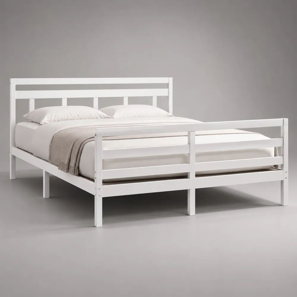 Letto matrimoniale bianco 160 x 200 cm con rete a doghe, struttura in legno massello, 168 x 208 x 100 cm