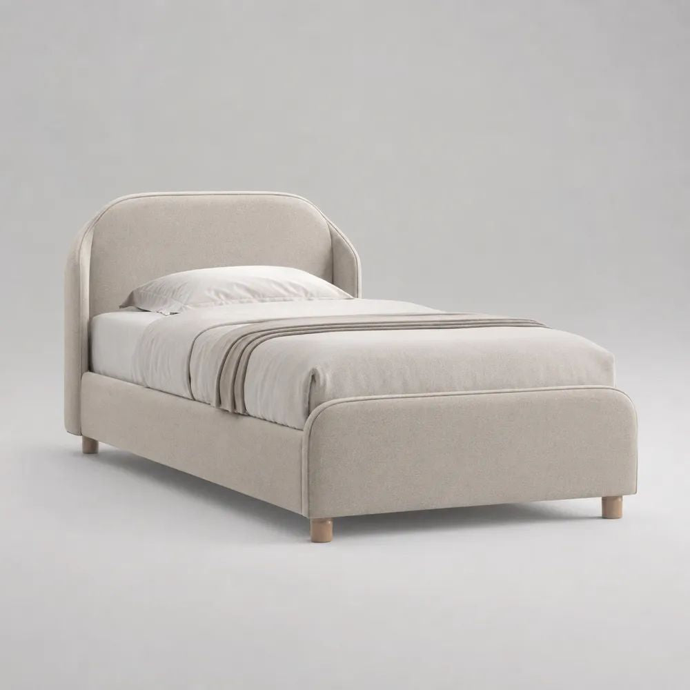 Letto singolo imbottito in tessuto beige crema 90 x 200 cm con testiera curva e pediera