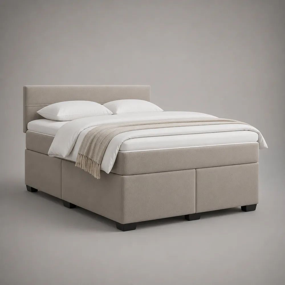 Set letto matrimoniale boxspring in tessuto beige 160 x 200 cm con materasso, topper e testiera imbottita, 170 x 210 x 110 cm