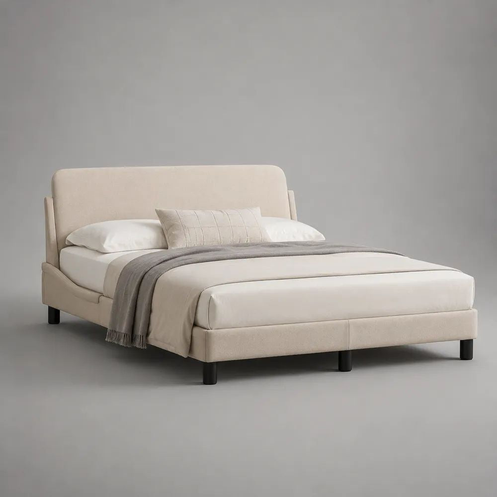 Letto matrimoniale imbottito in tessuto beige crema, 180 x 218 x 110 cm, per materasso 160 x 200 cm