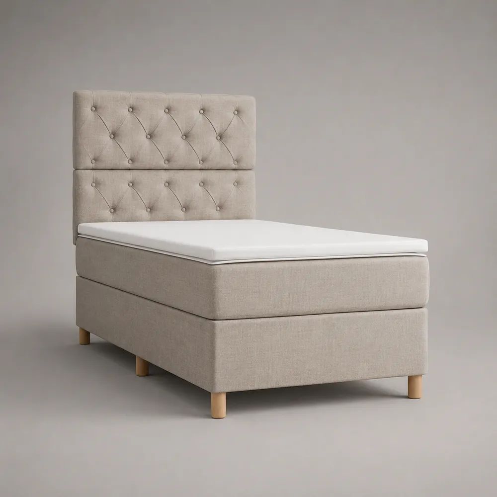 Letto boxspring singolo beige in tessuto con testiera capitonné, materasso e topper, 90 x 200 cm, dimensioni 95 x 210 x 120 cm