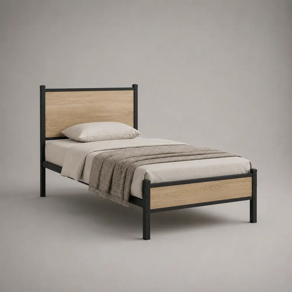 Letto singolo con struttura in acciaio e pannelli in legno effetto rovere, 96 x 198 x 110 cm, per materasso 90 x 190 cm, nero e rovere naturale