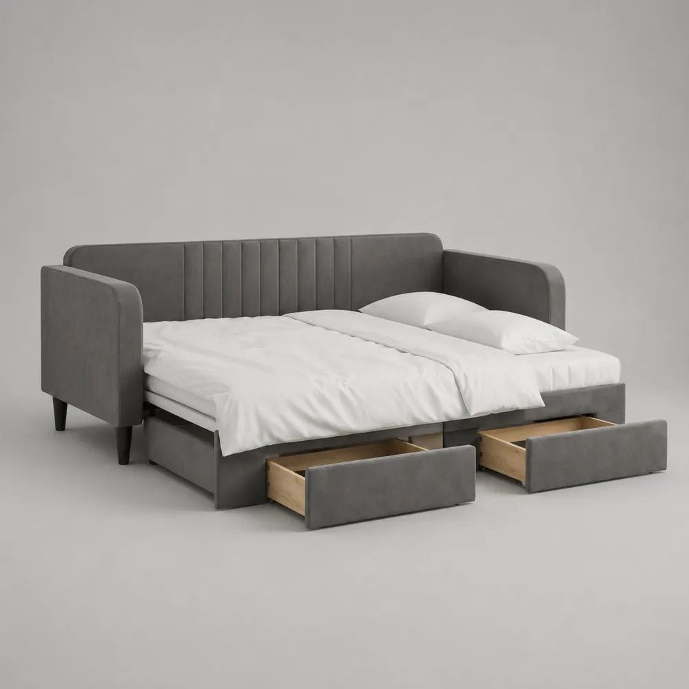 Divano letto matrimoniale estraibile in velluto grigio 216 × 99 × 86 cm, letto 180 × 200 cm con 2 cassetti
