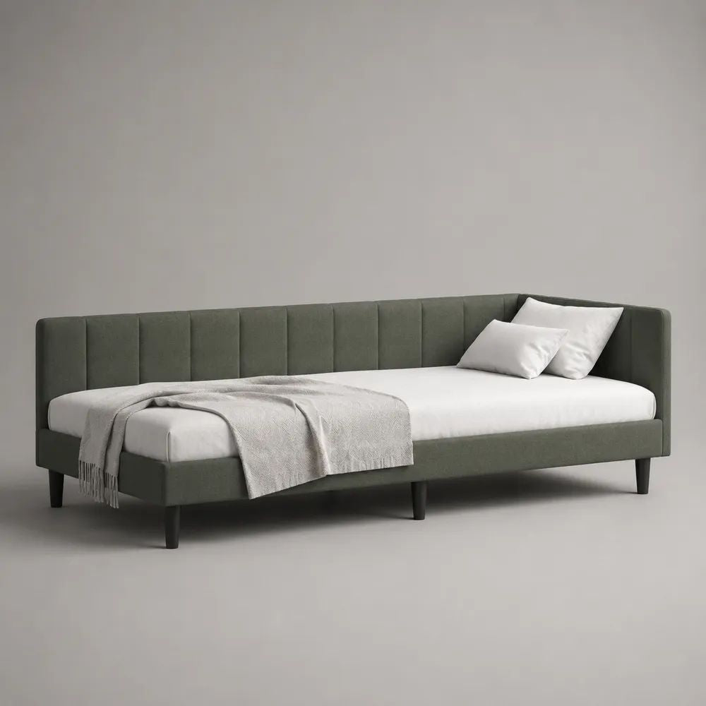 Letto singolo imbottito verde oliva e nero 90 × 200 cm con schienale laterale e rete a doghe
