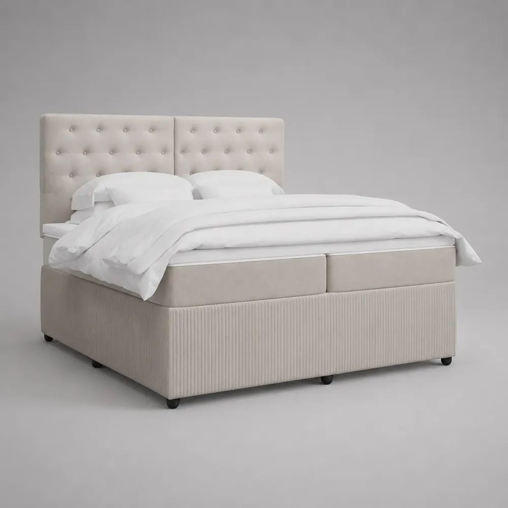 Struttura letto matrimoniale beige 180 x 200 cm in velluto di poliestere con testiera capitonné, dimensioni 180 x 210 x 120 cm