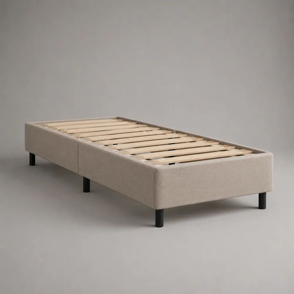 Struttura letto singolo beige 96 x 206 x 35 cm per materasso 90 x 200 cm, rivestita in tessuto con doghe in legno e piedini in metallo