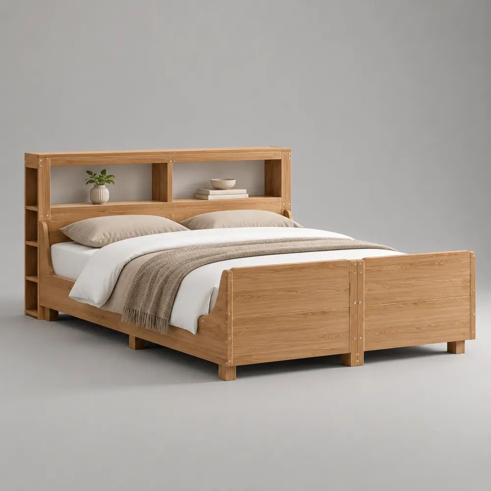 Letto matrimoniale 180 x 200 cm in legno massello marrone chiaro naturale con testiera libreria e pediera alta