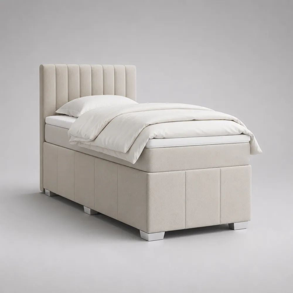 Letto singolo continentale in tessuto beige crema 90 × 200 cm con materasso e testiera scanalata