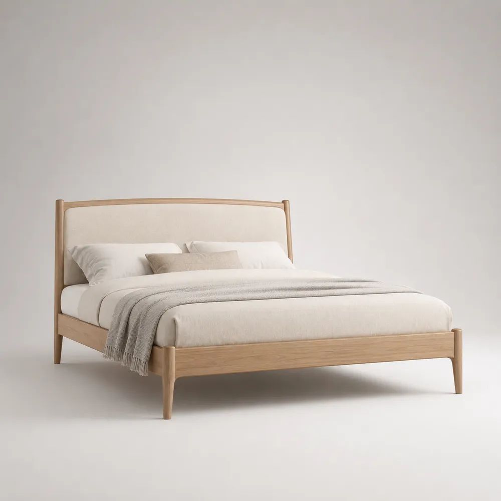 Letto matrimoniale 160 x 200 cm in rovere massello con testiera imbottita beige