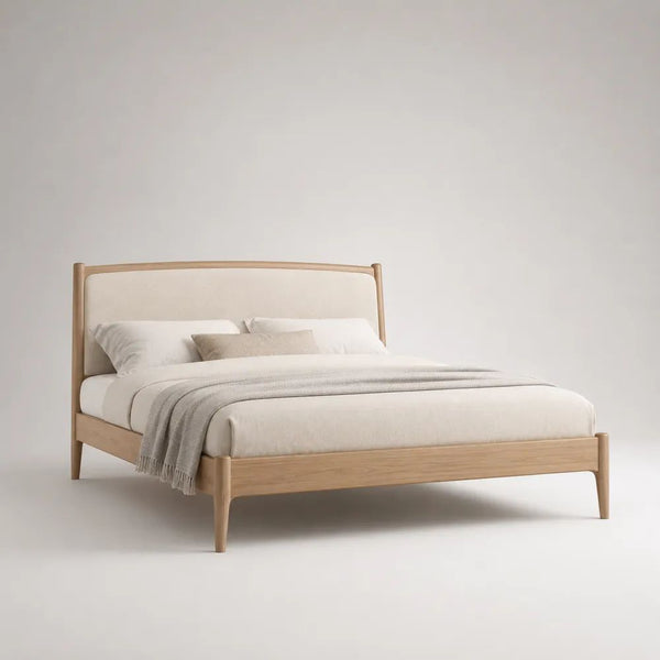 Letto matrimoniale 160 x 200 cm in rovere massello con testiera imbottita beige